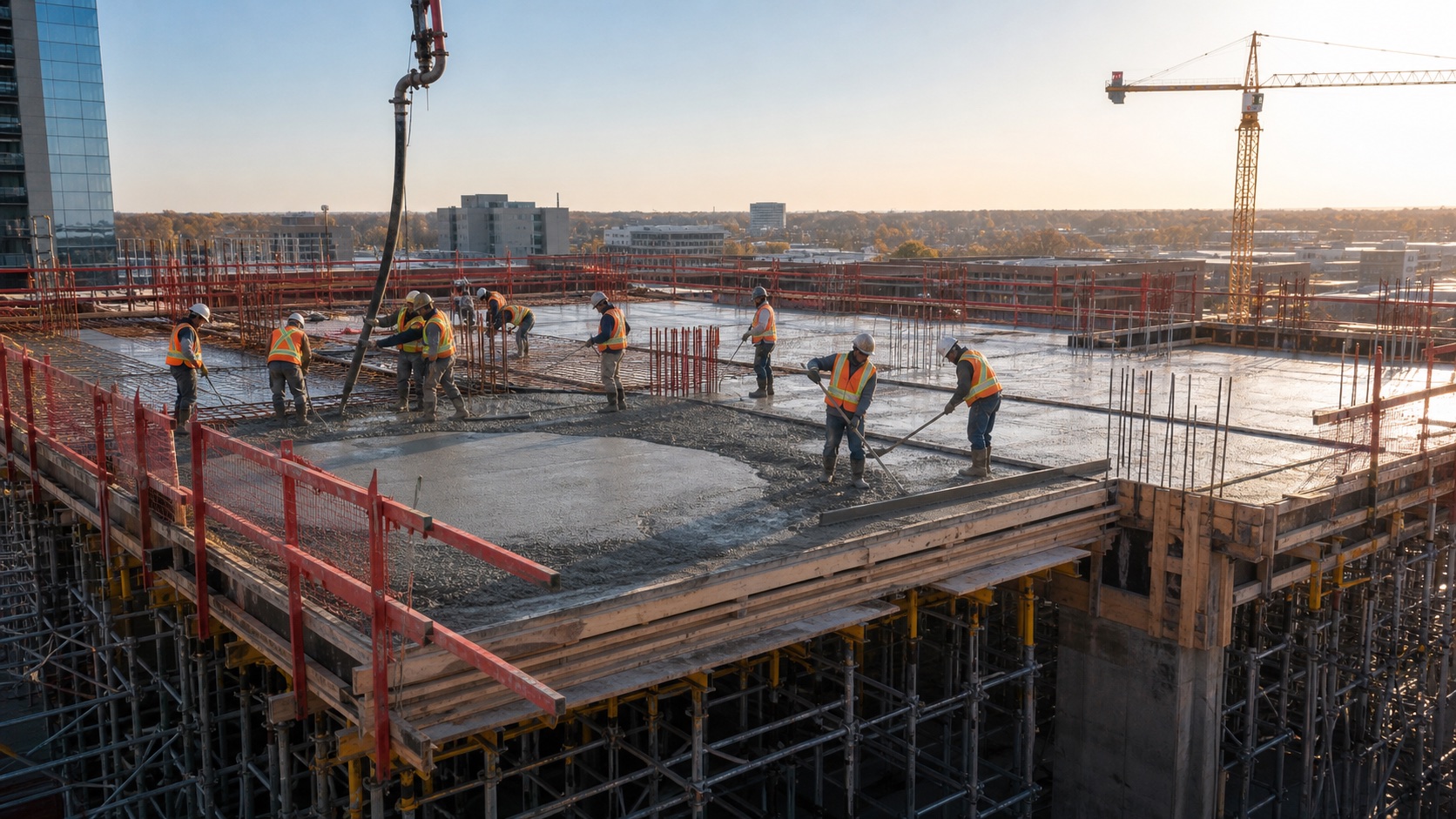 Construction team working on a concrete slab pour