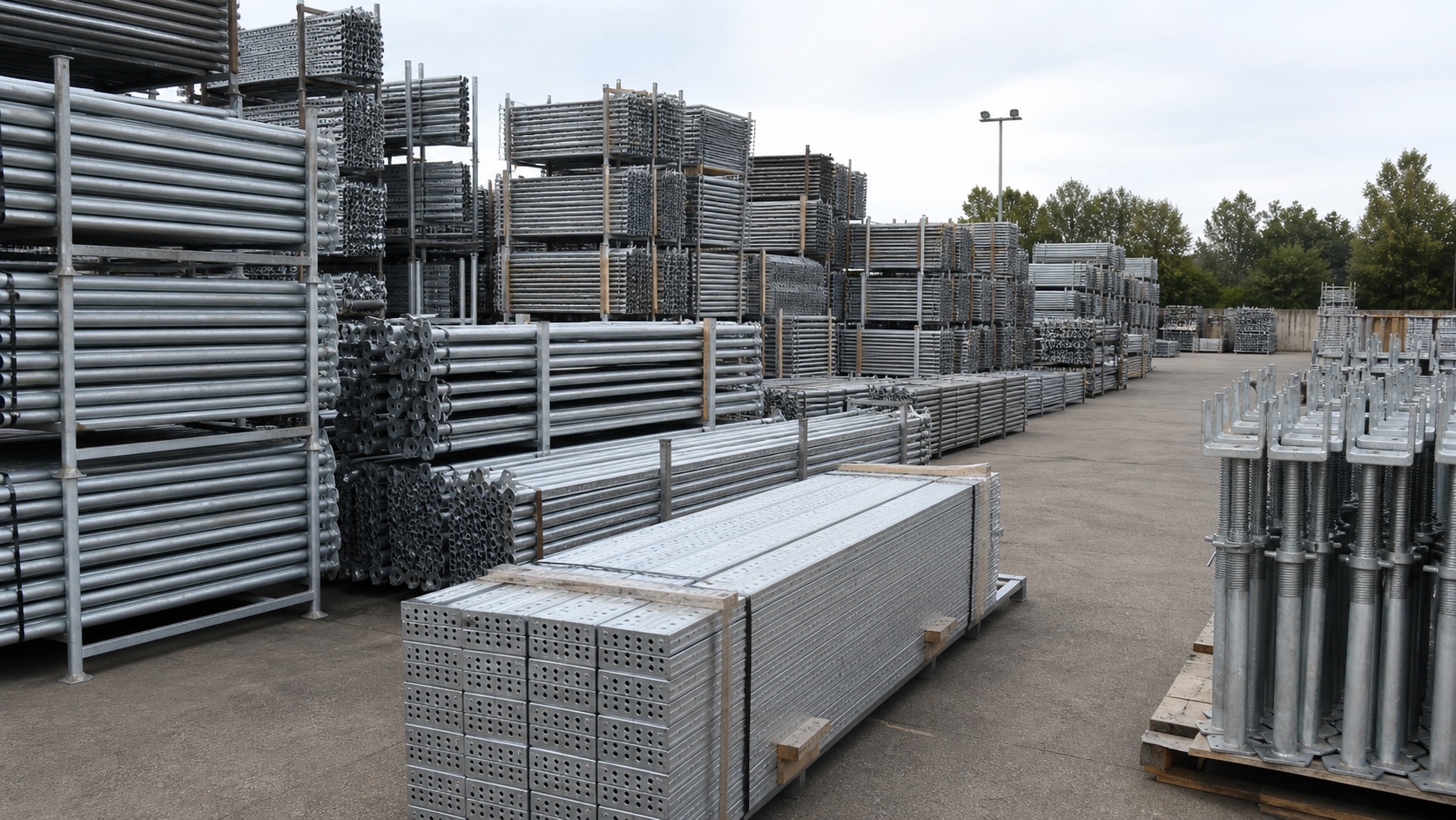 Scaffolding components organised in a material yard