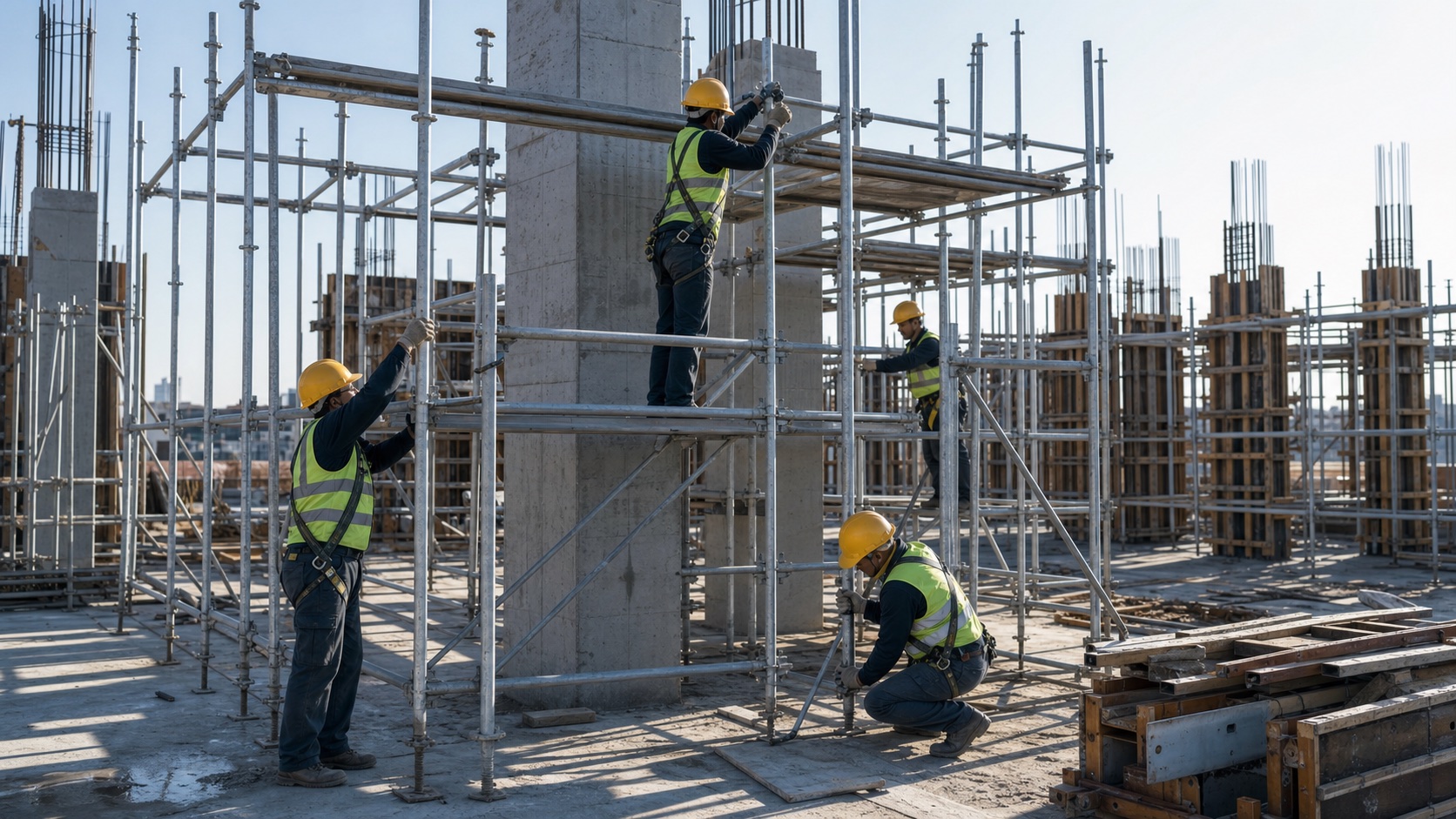 Workers assembling scaffolding at a construction site