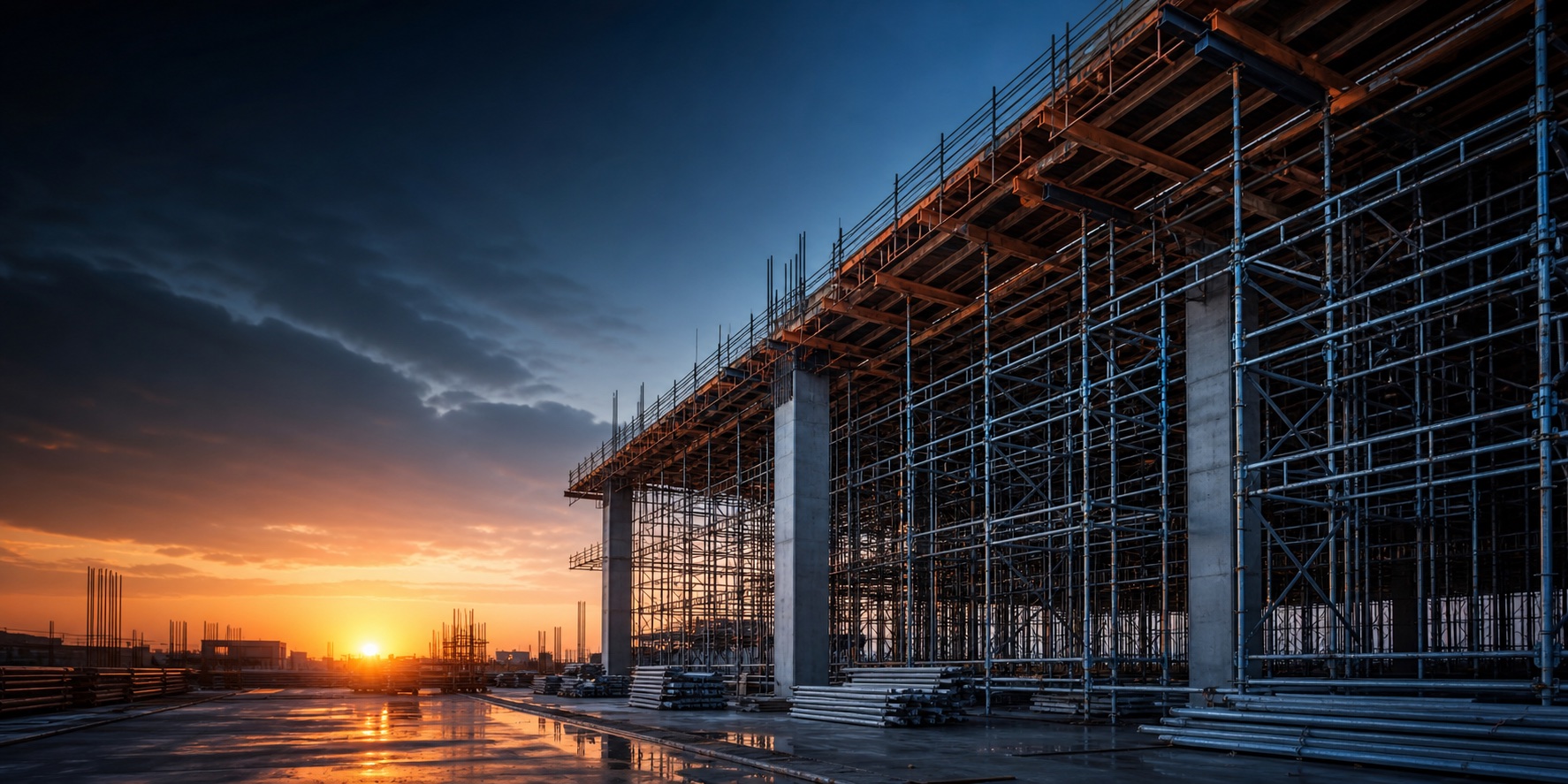 Large construction site with shuttering and scaffolding at sunset